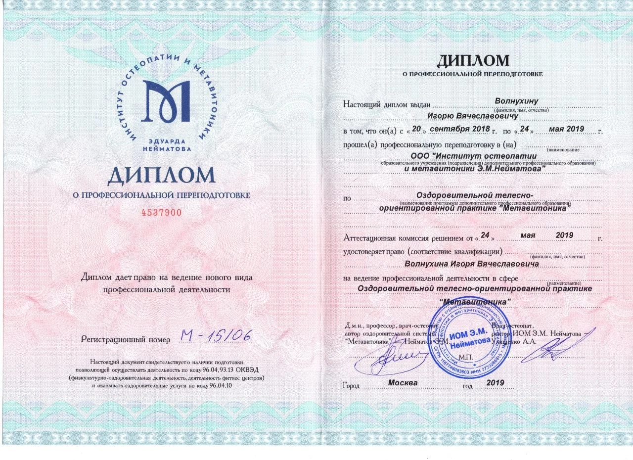 Документ Игоря Волнухина по оздоровительной телесно-ориентированной практике Метавитоника