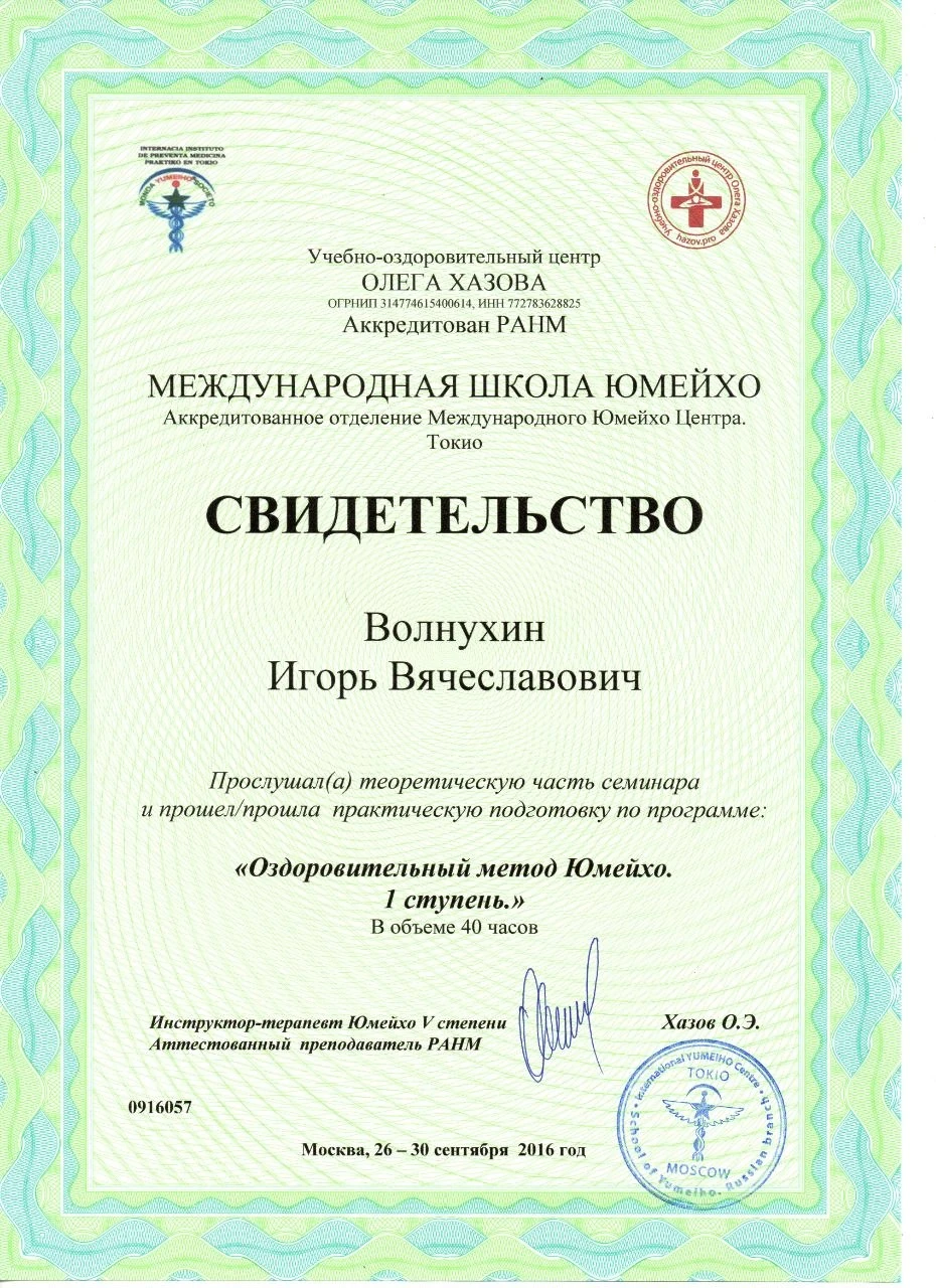 Свидетельство Игоря Волнухина по оздоровительному методу Юмейхо, 1 ступень